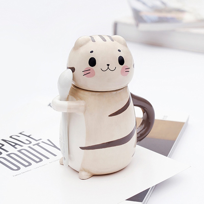 ¡Novedad! Gato de cerámica con forma de taza para café bonito y cuchara taza para la leche creativa pintada a mano, novedosos