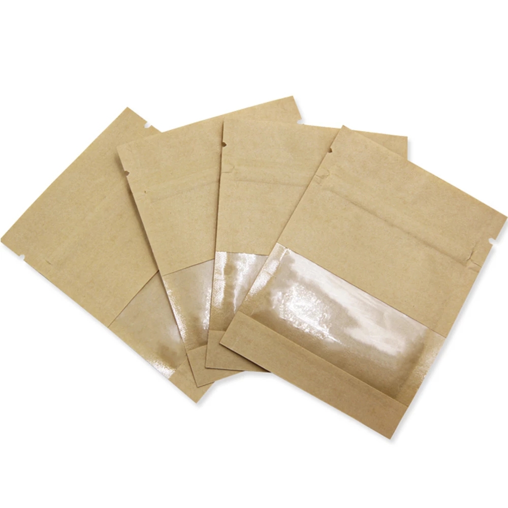 100 Stuks Bruin Wit Kraftpapier Zip Lock Bag Met Doorzichtig Venster Zelfzegel Scheur Inkeping Stofdichte Verpakking Zakjes Voor Voedsel Snack