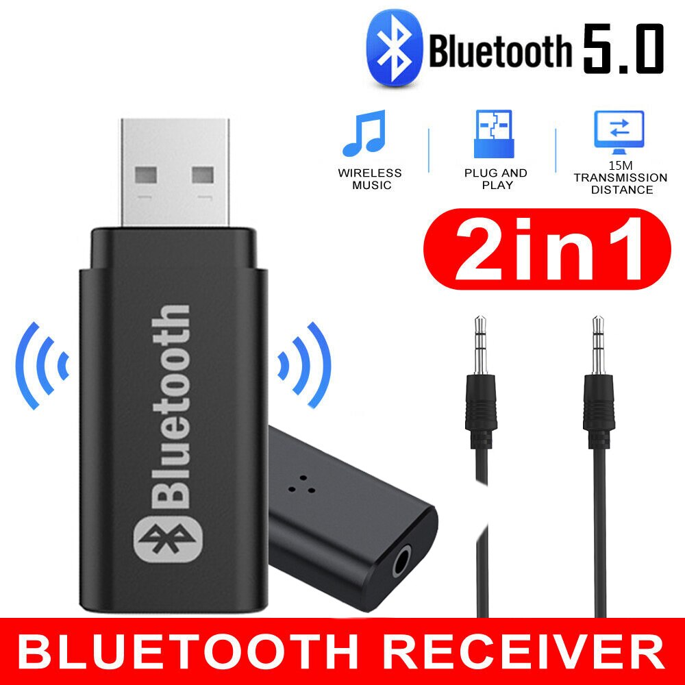 2-in-1 Bluetooth 5.0 Adapter Stereo AUX 3.5mm Jack Audio USB Transmitter Receiver Wireless Dongle For PC TV Car Speaker