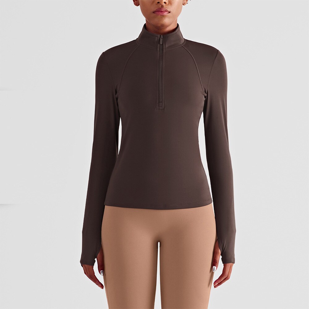 1 pcs Women Horse Riding Base Layer Long Sleeve Half Zipper Riding Top Racing Show Shirt Quick Dry Equestrian Clothing: coffee / M-6