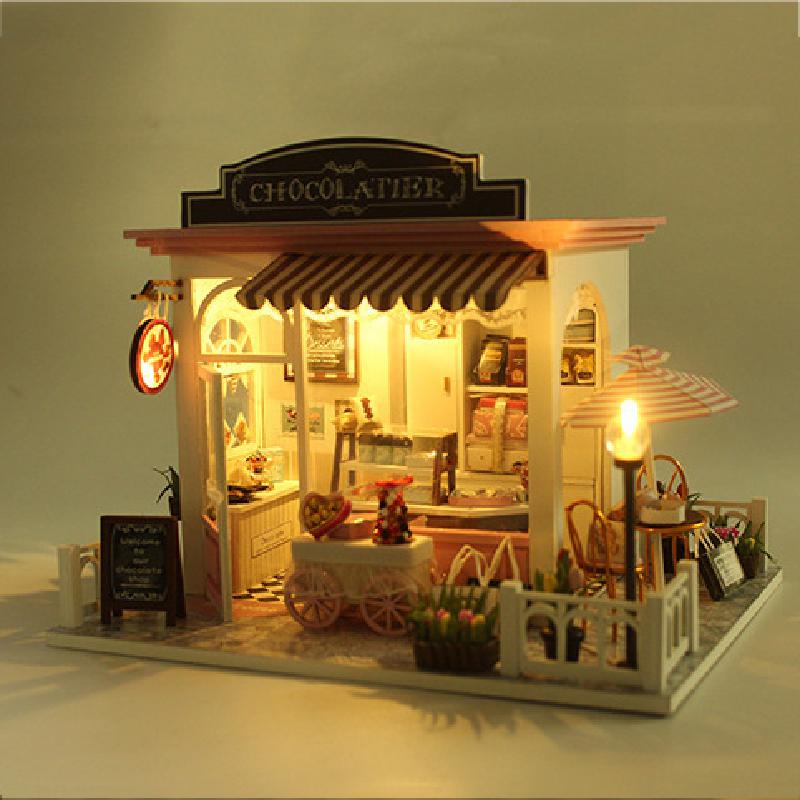 DIY domek dla lalek ręczna zabawka robić montażu Model fantastyczny pomysł kakao sklep kreatywny drewniany budynek świetlny drewniany domek dla lalek zabawki