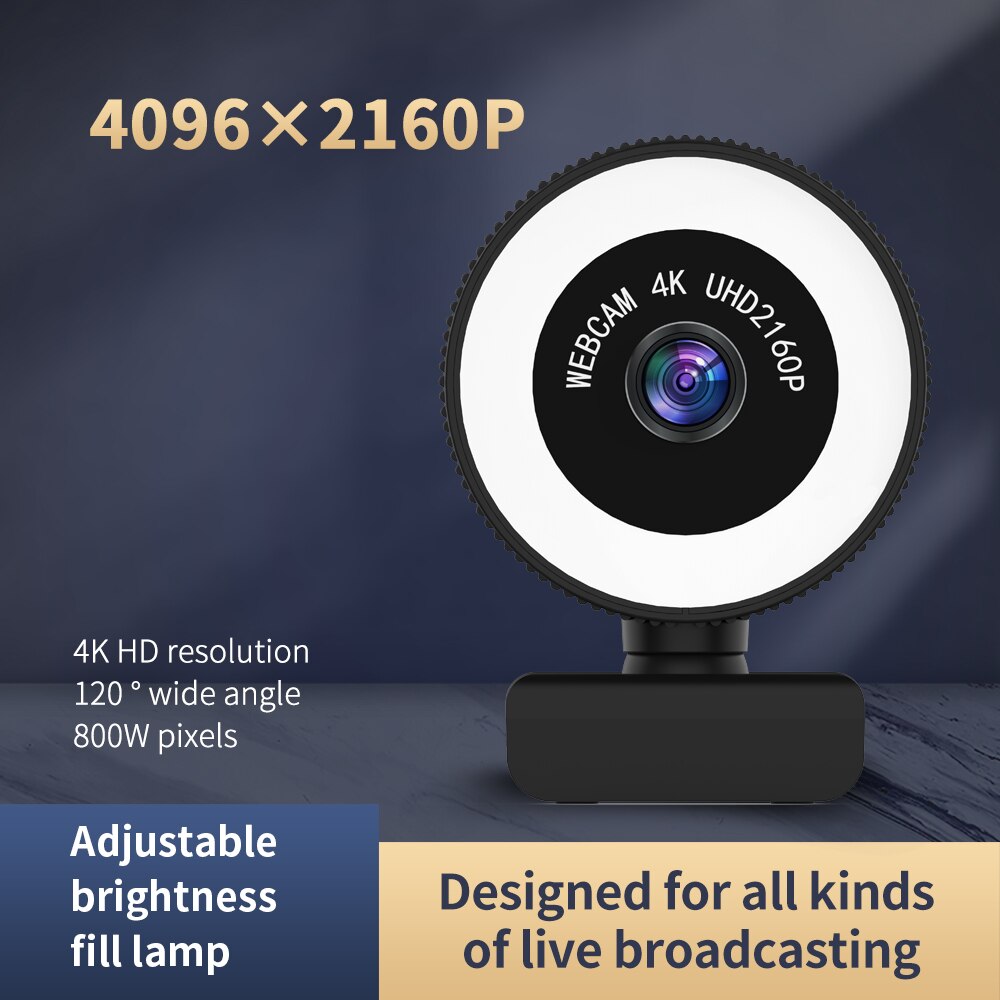 Cámara Web 4K con micrófono, Webcam gran angular C560 de 120 °, 800W, USB, lámpara de llenado de brillo integrada