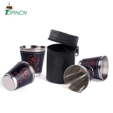 4Pcs Tea Cup Set Stainless Steel Coffee Cup Portable Wine Tea Cup with Leather Cover for Travel Picnic