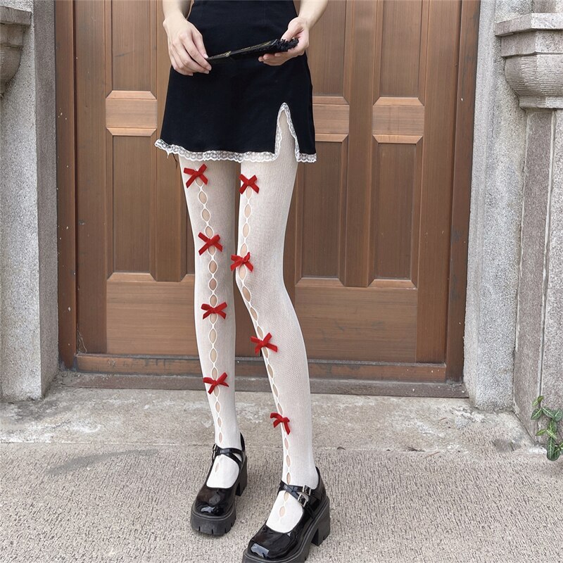 medias mujer Medias de Lolita para mujer, medias de rejilla huecas con lazo, pantimedias negras y blancas, estilo Kawaii japonés, nueva medias sexys mujer medias goticas medias rejilla
