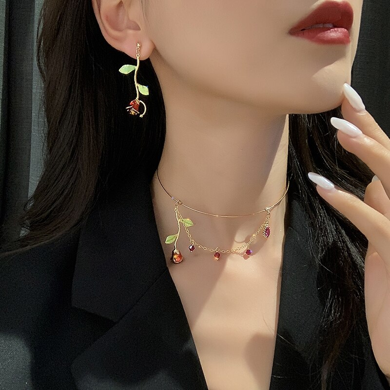 FFLACELL Coreano dell'annata Del girocollo del Gocciolamento della Glassa Rosa Ramo di Fiori di Perle Clavicola Collana Del Collare A Catena per Le Donne Sveglio di Modo Dei Monili