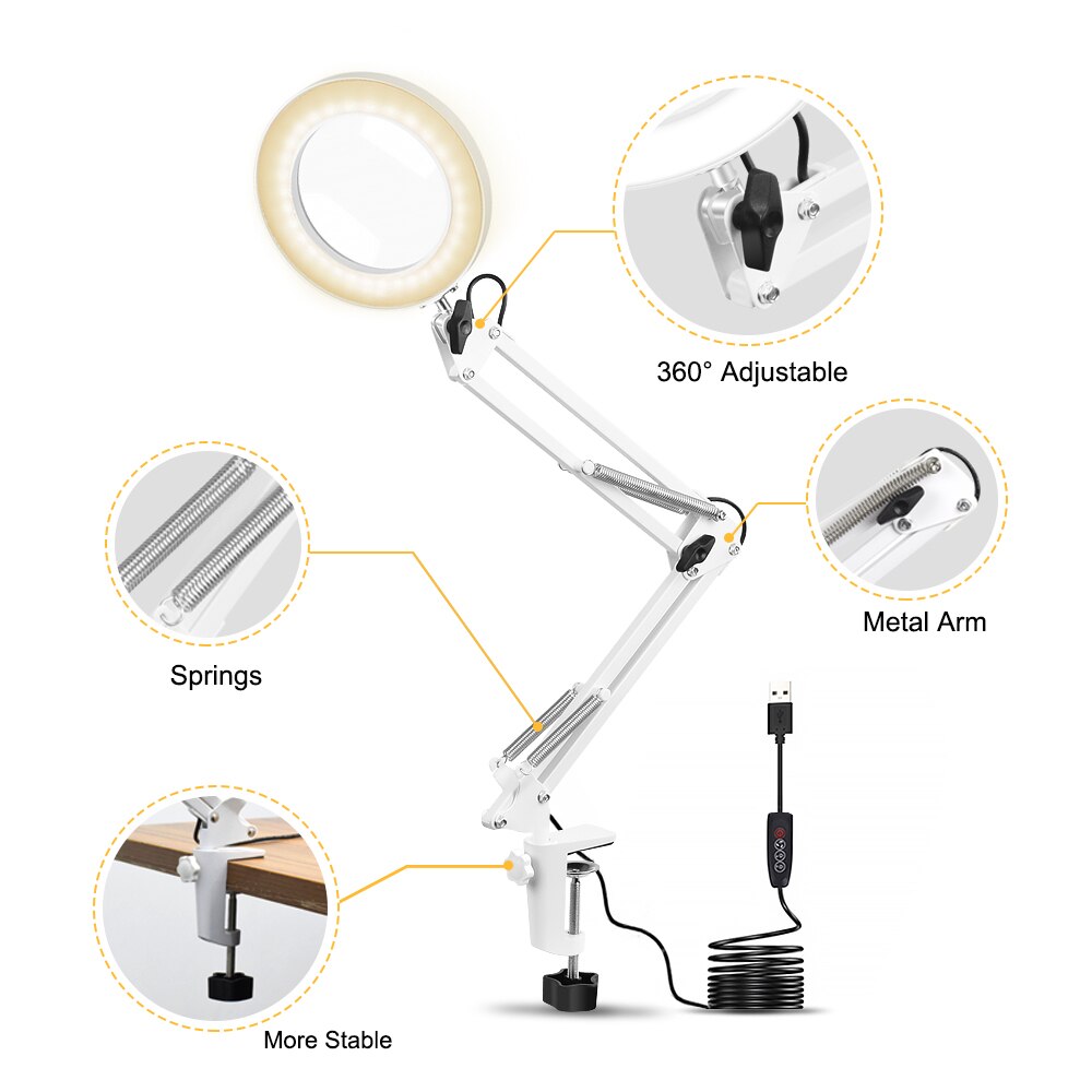 NEWACALOX Table Clamp USB 5X Folding Magnifier Soldering Third Hand Tool Desk Lamp 3 Colors LED Illuminated Magnifying Glass