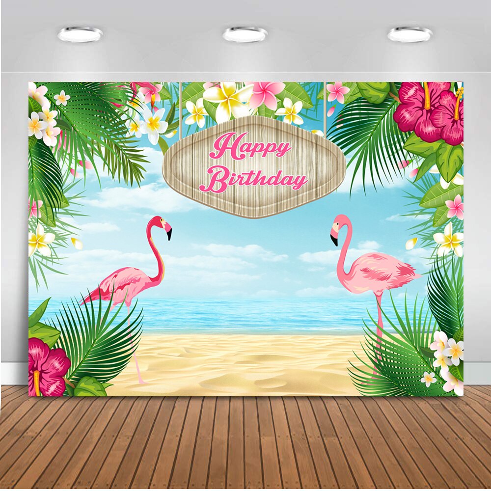 Gelukkige Verjaardag Flamingle Flamingo Hawaiian Verjaardagsfeestje Banner Achtergrond Tropische Strand Of Aloha Party Dessert Tafel Achtergronden