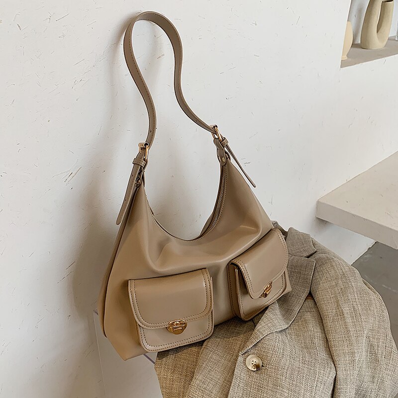 Bolso pequeño Hobo de piel negra para mujer, bandolera de hombro con múltiples bolsillos, Color puro, de de , populares,: khaki