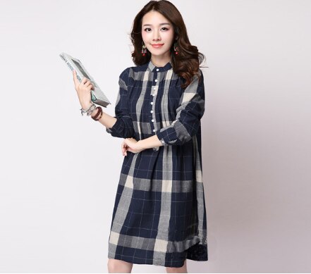 Camisas a cuadros de lino y algodón de manga larga para mujeres embarazadas, ropa de maternidad, Tops informales, blusas para embarazadas, Primavera,: Dark Blue / L