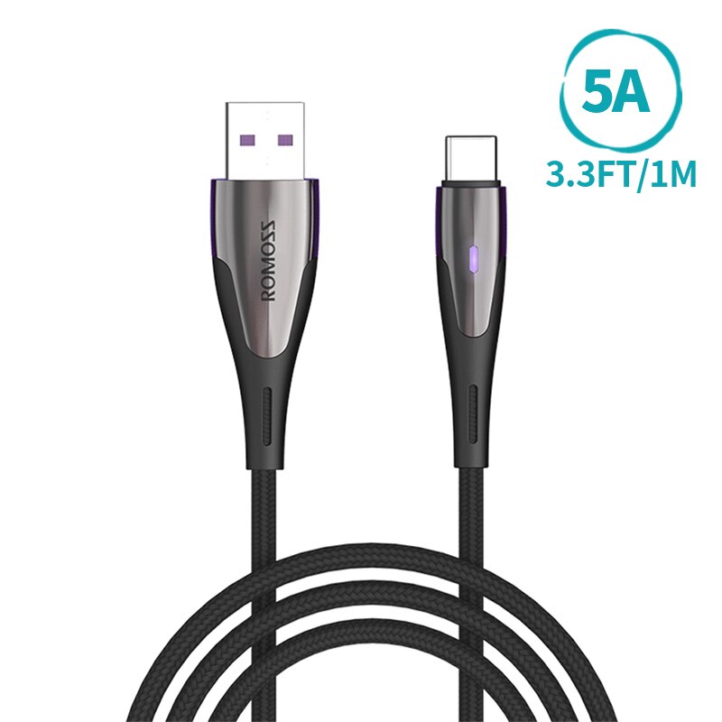 Romoss 5a usb tipo c cabo para huawei p40 pro companheiro 30 p30 pro supercharge 40w scp carregamento rápido USB-C carregador cabo de fio: Default Title