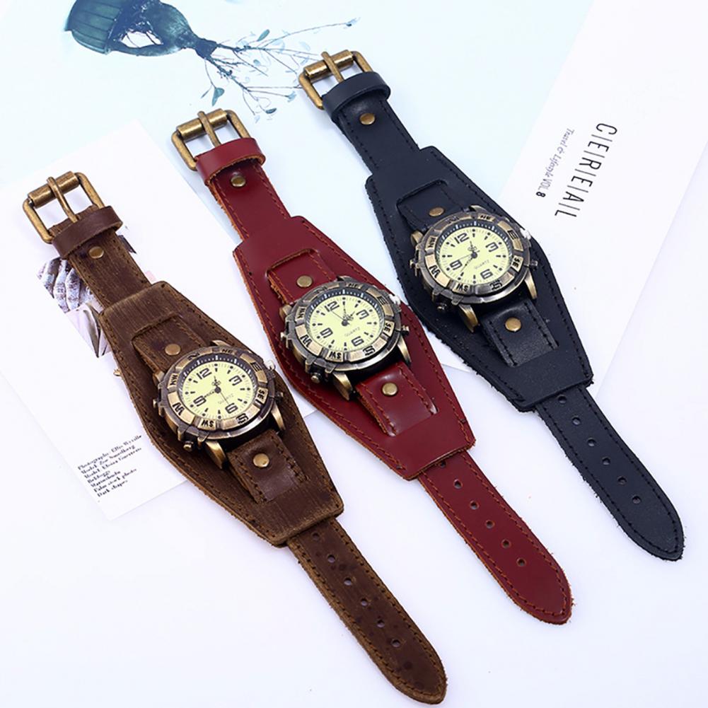 Jahrgang Frauen Männer Punk Faux Leder Runden Zifferblatt Quarz Armbinde Armbanduhren
