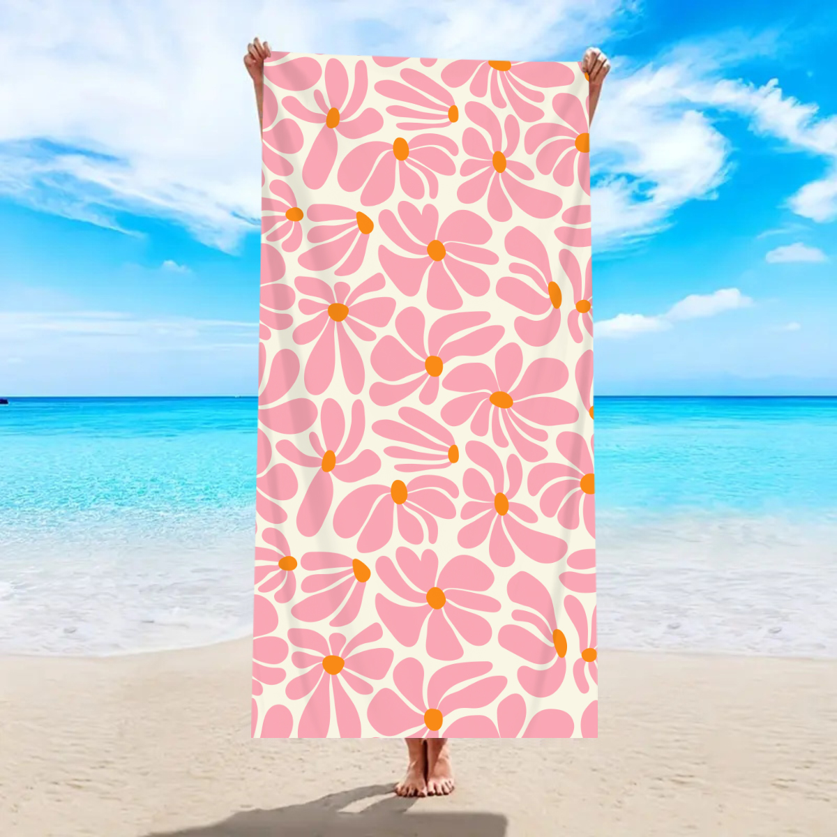 1pc Boheemse grote strandlaken, gestreepte bloemliefde bedrukte badhanddoek, buitenzwemmen, , camping strandlaken: XS / Roze