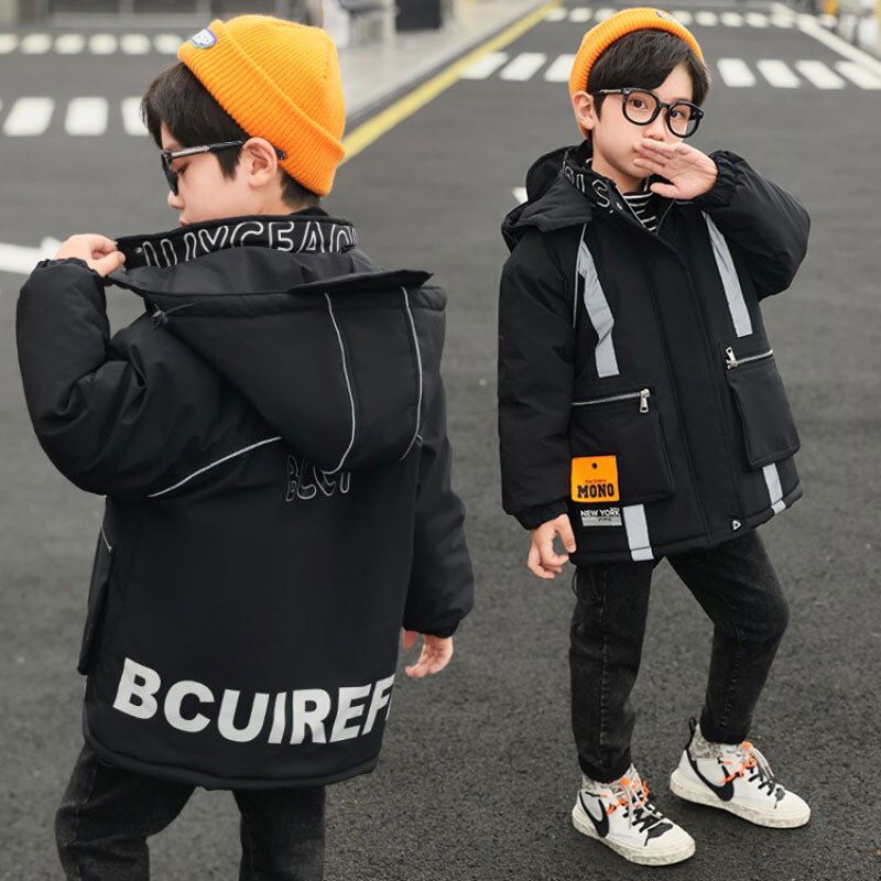 Chaqueta de algodón con capucha para niños, ropa de abrigo gruesa y cálida con estampado de letras, para invierno, de 4 a 12 años: Negro / 6