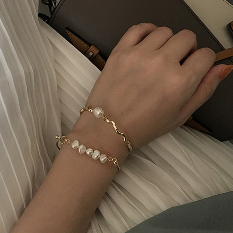 Peri'sbox Gold Unregelmäßigen Kette Aus Echtem Süßwasser Perle Armreif Große Geometrische Perle Armreifen für Frauen Einfache Schmuck