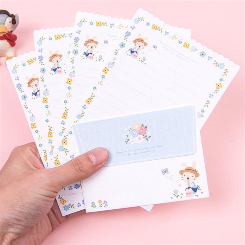 Mini 2Pcs Envelope + 4 Sheets Paper Letter Set Cute Cartoon Rabbit Penguin Envelopes Paper Letter Greeting Card Letter Pad