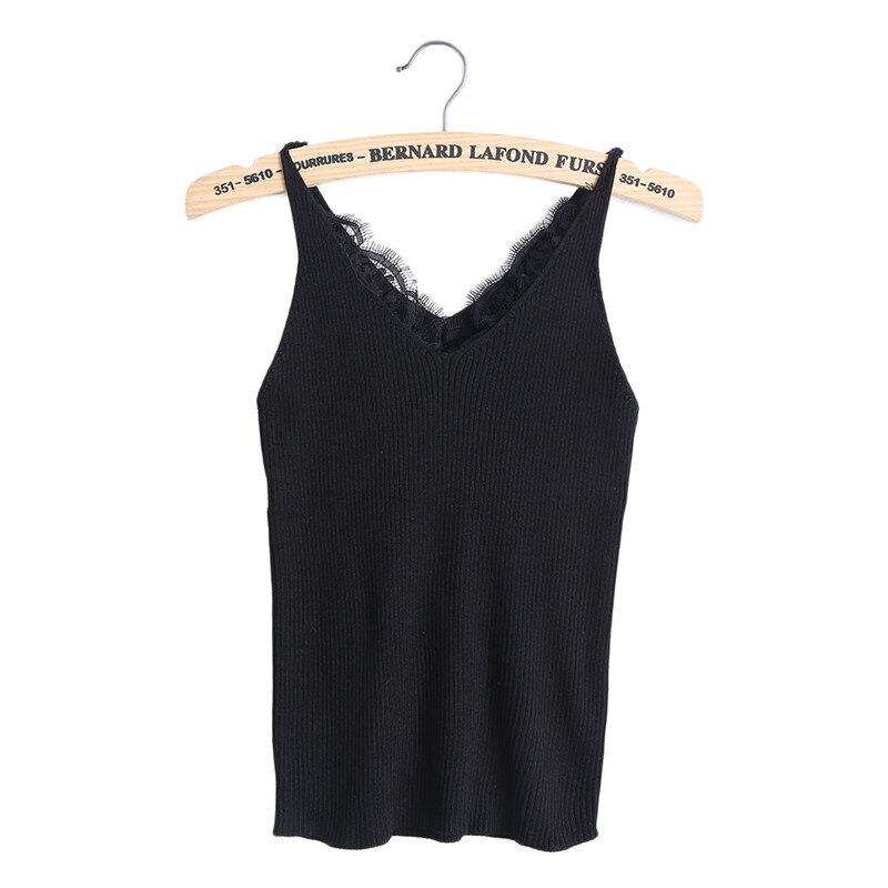 Sexy Vrouwen Plain Hemdje Lace Splicing Dubbele V-hals Vest Slim Sling Tank Tops: black