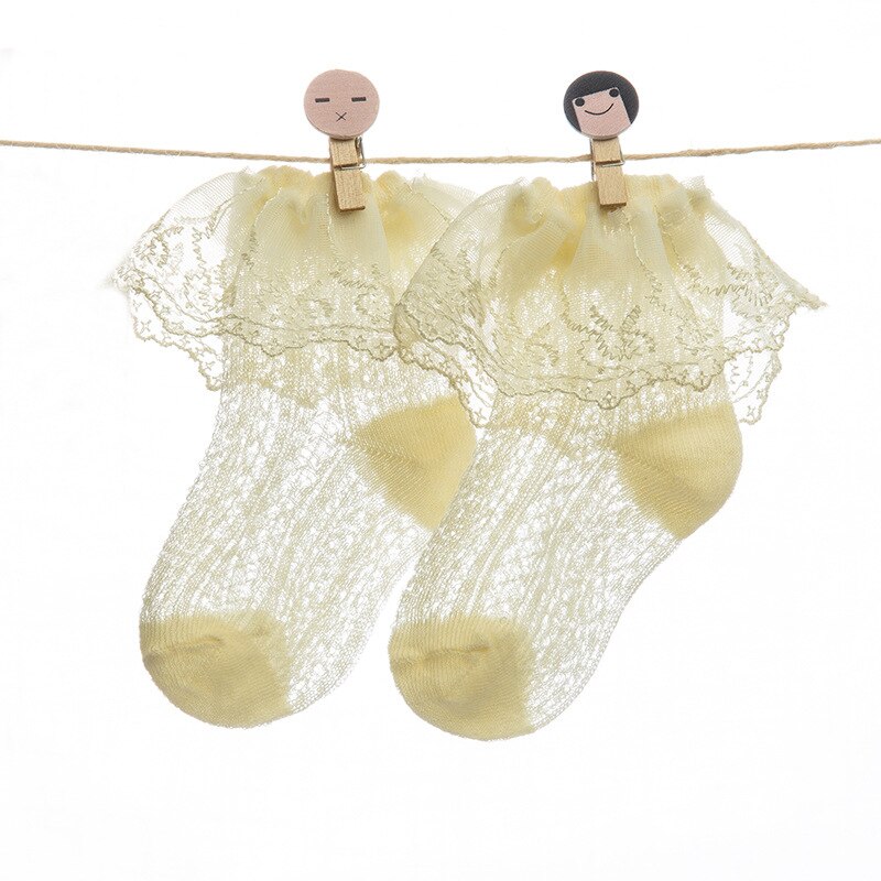 Summer Retro Lace Kids Girls Socks Ruffle Frilly Socks Girls Princess Mesh Solid Cotton Short Sock White School Dance Socks: Yellow / S-0-2Years Old