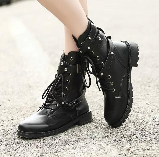 XDA botas de moto botas de combate Vintage de otoño botas de ejército Punk Goth para mujer botas cortas de cuero PU de motociclista para mujer: 4