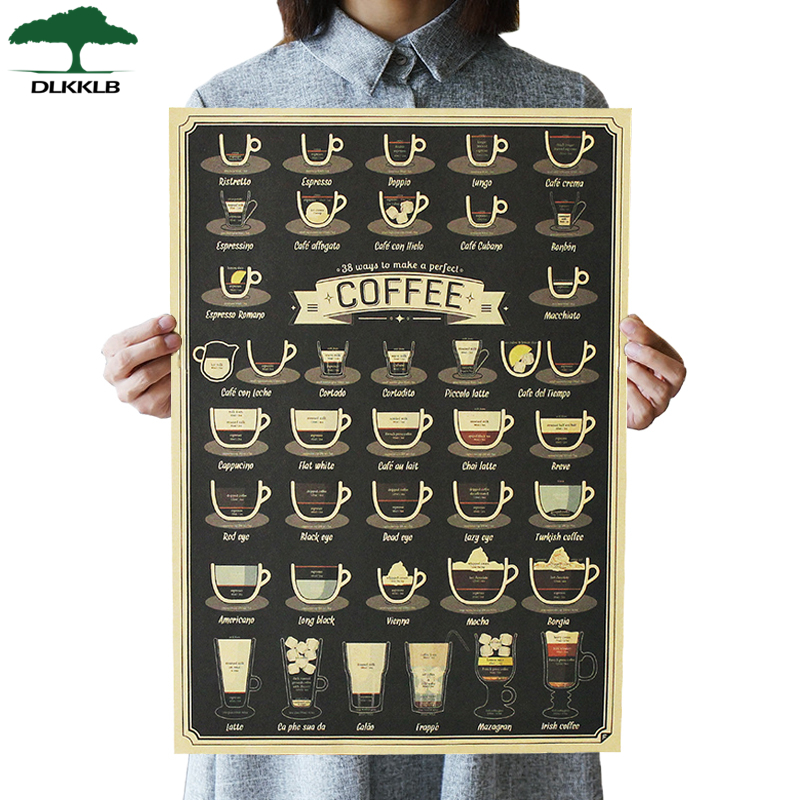 Dlkklb Vintage Poster Koffie Collection Bars Keuken Tekening Poster Versiering Retro Muursticker 51.5X36Cm Woondecoratie