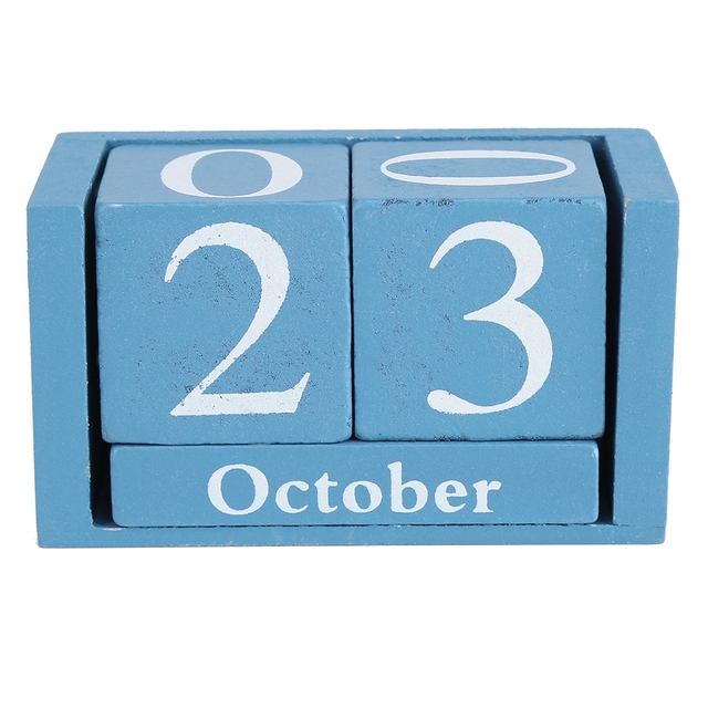 Calendario Vintage de madera para escritorio, indicador de fecha de mes, decoración para el hogar y la Oficina, Calendario perpetuo de madera azul: Azul