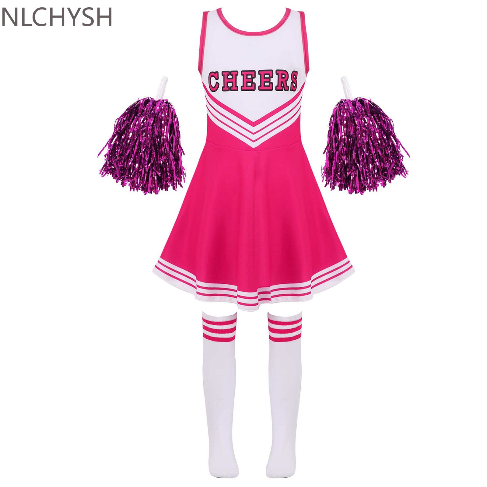 Mädchen Cheerleading Uniform tanzen Kostüm freundlicher Cheerleader Outfit Runde Ausschnitt Patchwork Stil tanzen Kleid Blume und Socken: heiß Rosa / 110