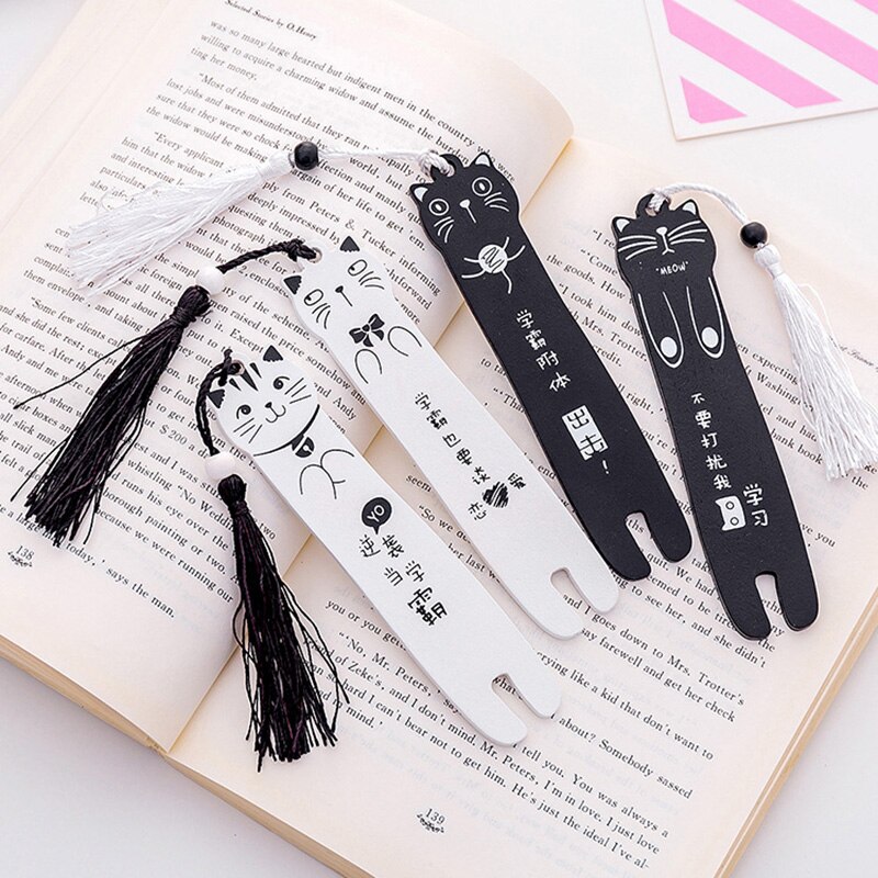 Kawaii Cartoon Cat Wooden Bookmarks for Books Black White Color Bookmark Tassel Book Page Student Stationery Supplies