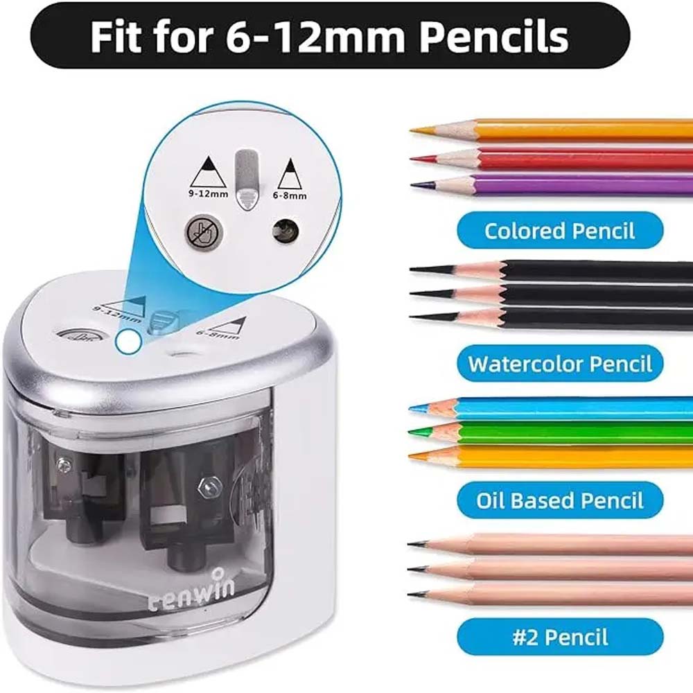 TENWIN Electric double-hole pencil sharpener Quick sharpening school supplies for 6-12mm pencils(Battery Not Included)