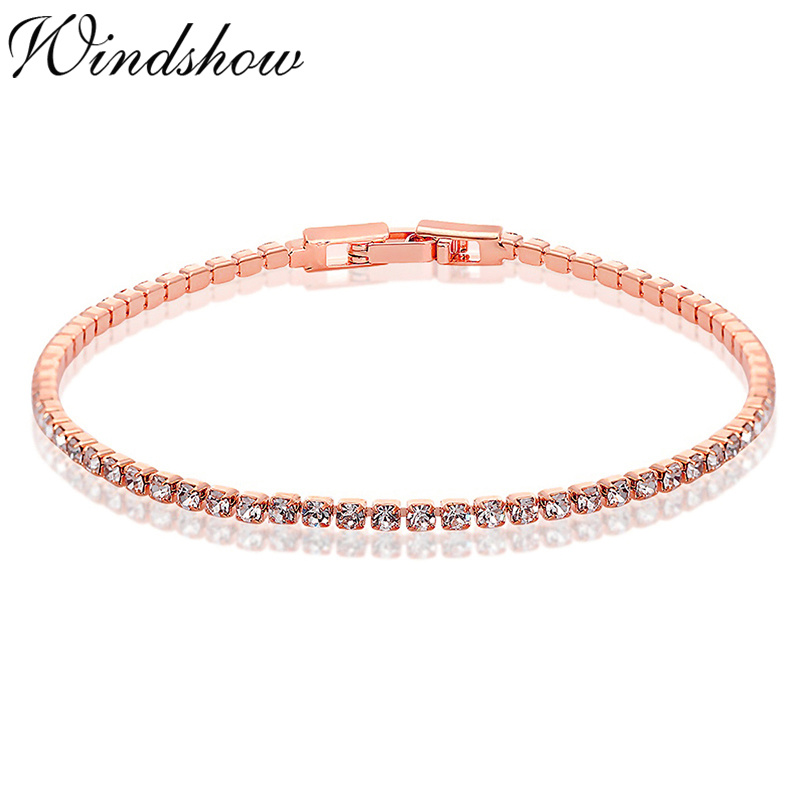 2mm 13.5cm 15-17cm Cluster CZ Link Chain Tennis Bracelets For Women Girls Friend Jewelry Thin Brass Gold Color Pulsera Bracciali: 17cm / ROSE GOLD COLOR