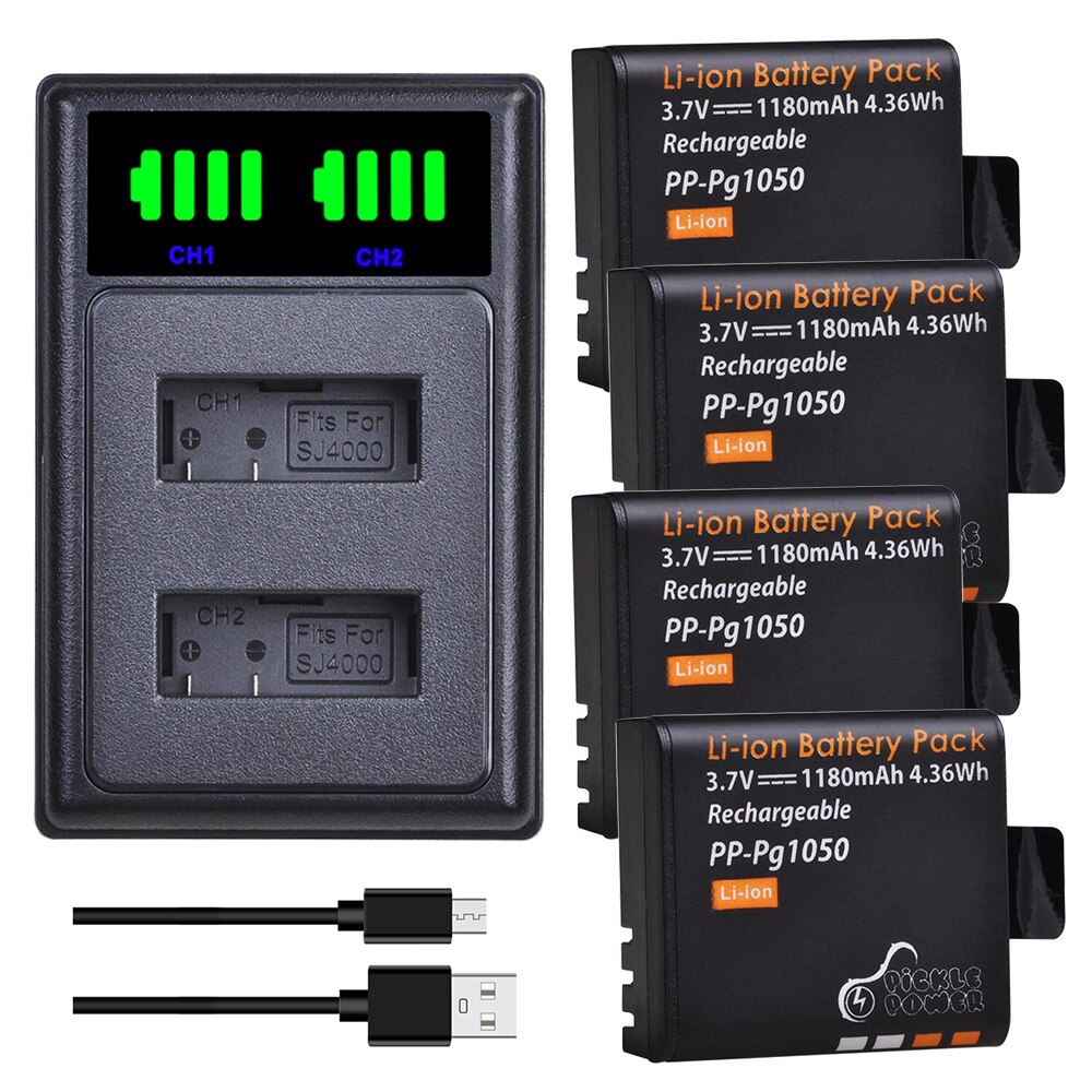 PG1050 Kit de cargador de batería para la cámara SJCAM SJ4000 SJ5000 SJ5000X SJ6000 SJ8000 M10 EKEN 4K H8 H8R H9 H9R GIT-LB101 GIT PG900 batería: Charger and 4Battery