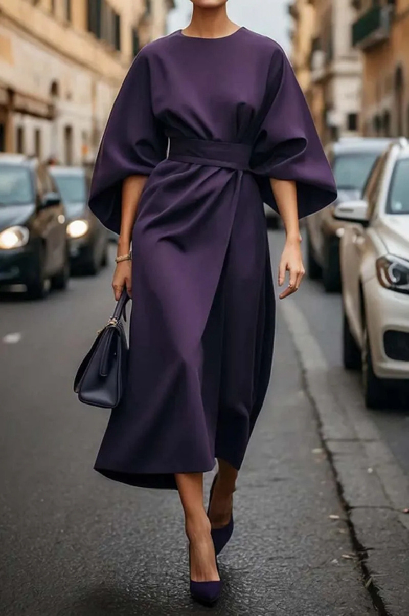 Oansatz Sieben-viertel Hülse Taille Jahrgang Kleid Für Frauen Elegante Einfarbig Temperament Fledermaus Hülse lässig Kleid weibliche: XXXL / Lila