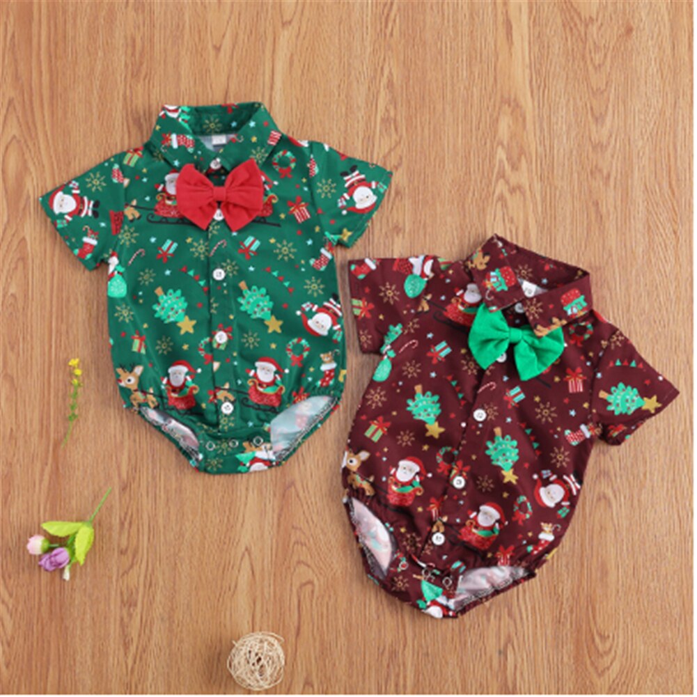 Baby Clothing Christmas 0-24M Baby Girls Boys Bodysuits Santa Print Short Sleeve Bow Tie Gentleman Party Shirts Jumpsuits