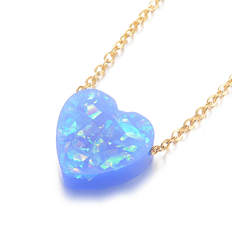 6 Colors 12mm Heart Shape Opal Stone Pendant Necklace 316L Stainless Steel Gold Chain Collar Jewelry Girlfriend: Sapphire