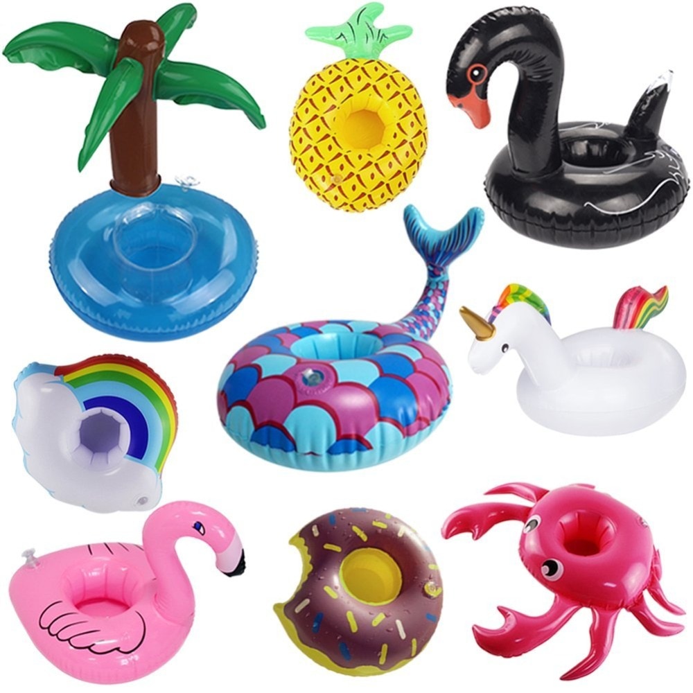 Uppblåsbara dryckeshållare 9 paket flytande koppunderlägg för poolfest och badleksaker för barn sjöjungfru, svan, flamingo, krabba, ananas