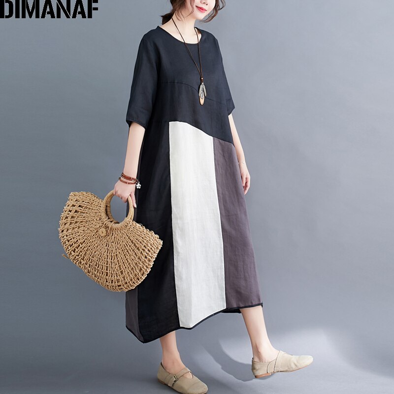 DIMANAF-vestido holgado de talla grande de algodón y lino para verano, traje de retazos negro para mujer