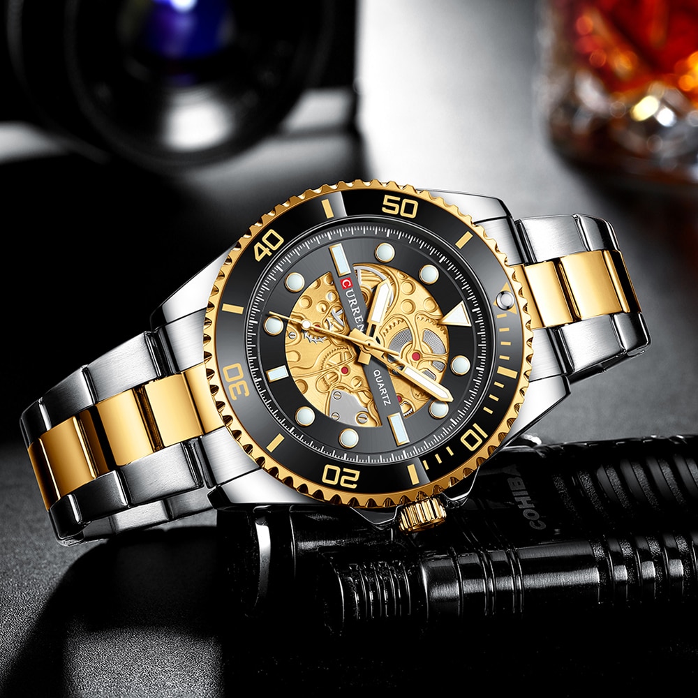 CURREN Horloges Geïmiteerd Mechanisch Quartz Klok Heren Roestvrij Stalen Band Lichtgevende Horloges voor Mannen