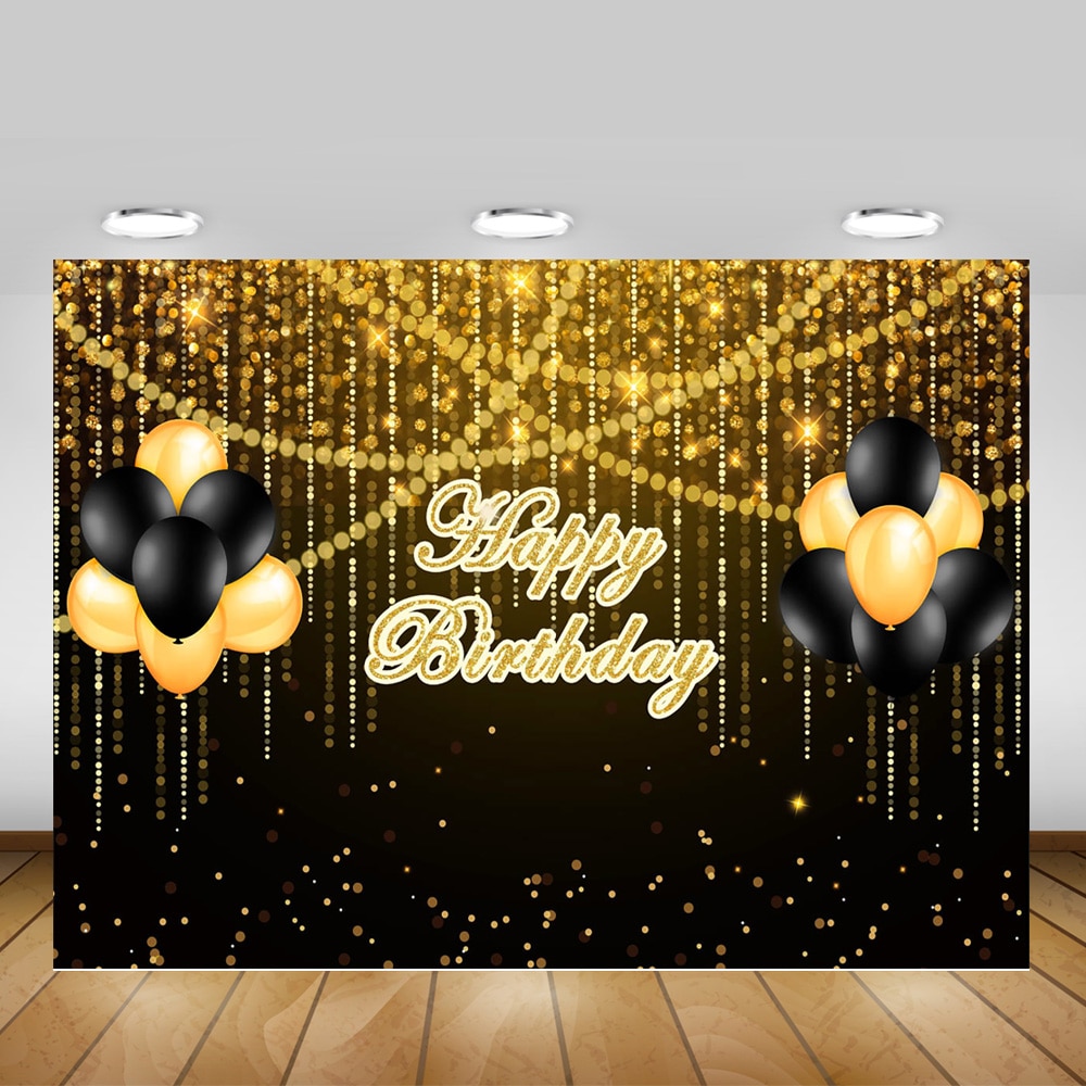 Golden Glitter Happy Birthday Backdrop Photocall Bokeh Balloons Adult Birthday Party Photo Background Black Gold Dots Backdrops