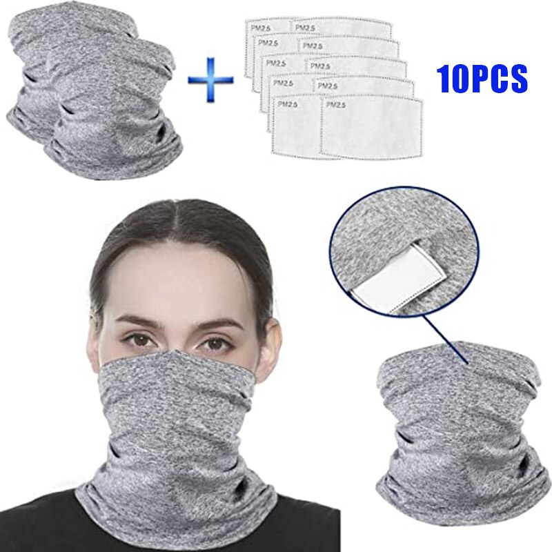 Mascarilla facial multiusos para el cuello, Bandanas con filtros PM2.5, antipolvo, para exteriores, F2, 2 uds.: gray 10pcs