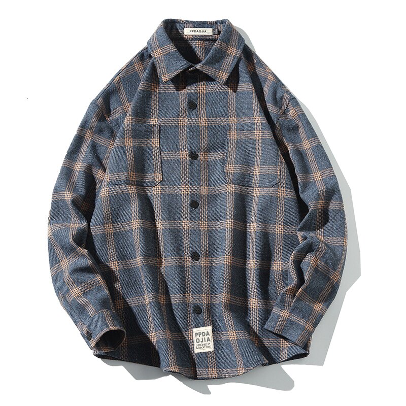 UYUK Winter Casual Trend Loose And Versatile Lapel Original Plaid Thickened Men's Shirts Streetwear Homme