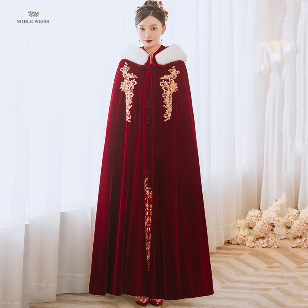 Winter Long warm Wedding capes Dark Red wedding cloak Floor Length Bride shawl Velvet cape coat adult Bridal Wrap