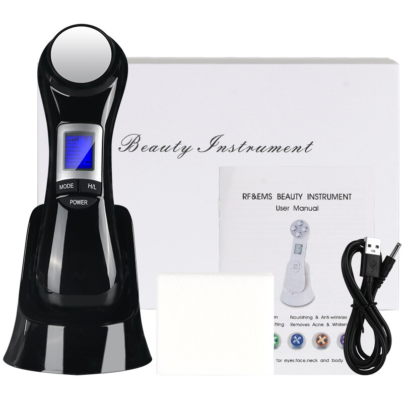 6 in1 LED RF Photon Therapy Facial Skin Lifting Rejuvenation Face Massage Machine EMS Ion Microcurrent Mesotherapy Beauty Device: Black WITH BOX