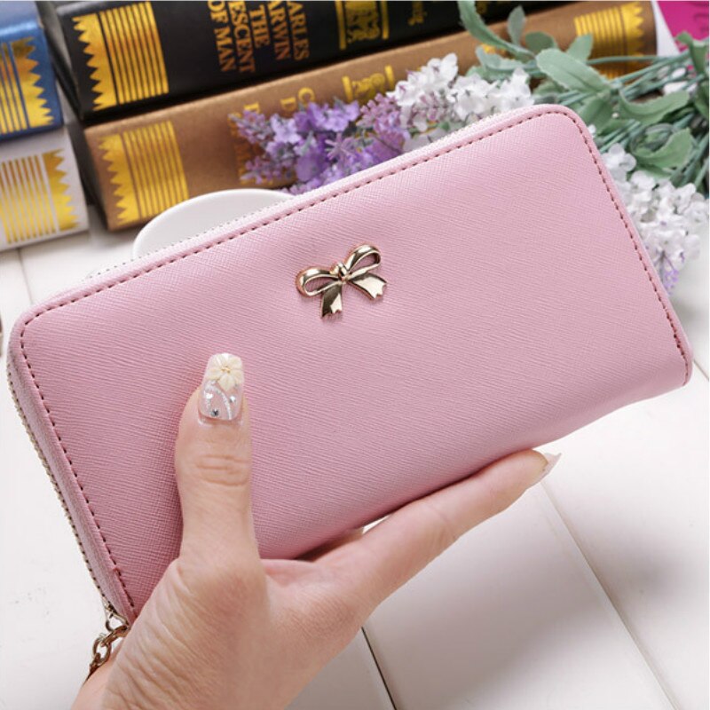 Puimentiua Kaarten Wallet Dames Leuke Strik Vrouwen Lange Portemonnee Pure Kleur Clutch Bag Pu Lederen Tas Telefoon Tas