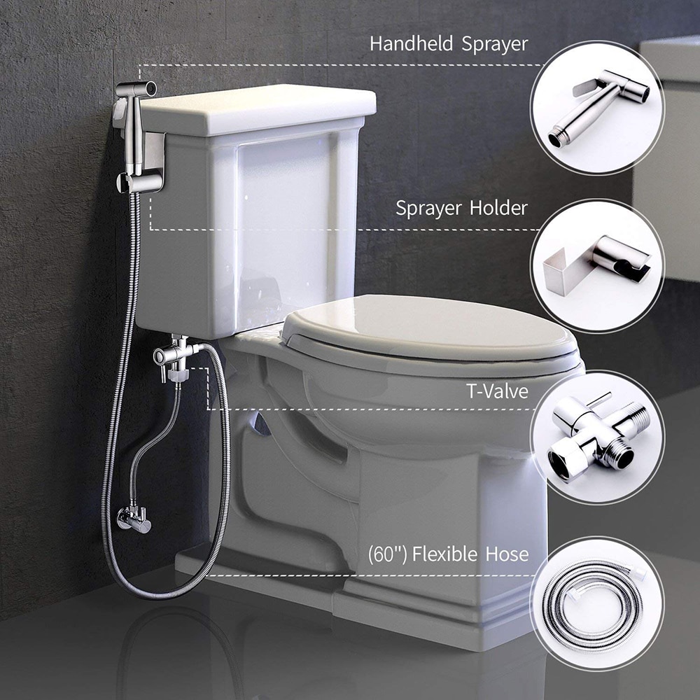 Toalett hand bidé kran badrum bidé dusch spruta mässing t adapter 1.2m slang tank krokad hållare själv rengörande enkel installation