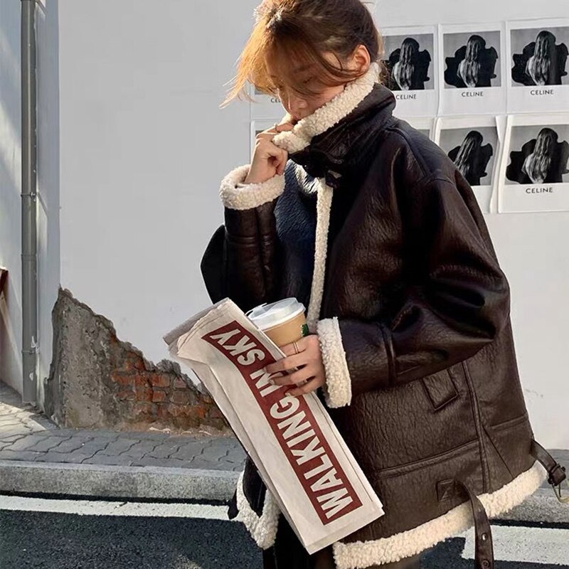 Abrigo de piel sintética de oveja para mujer, chaquetas de borreguito de manga larga a la , prendas de vestir con cremallera, abrigo cálido para otoño e invierno, novedad de