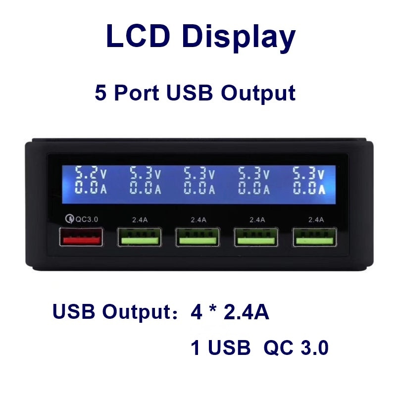 Tongdaytech qc 3.0 carga rápida 5 portas usb display lcd carregador multi telefone rápido chargeur para iphone xiaomi portatil carregador