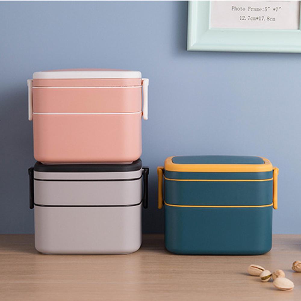 1pcs Stackable Bento Lunch Box with Handle 2-Tier Lunch Container Microwave Safe Heat with a Spoon 3 Colors Square and Circle