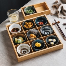 Japanese Style Nine Grid Plate Pot Tableware Barbecue Restaurant Bamboo and Wood Grid Plate Dishes Sushi Sauce Bowl