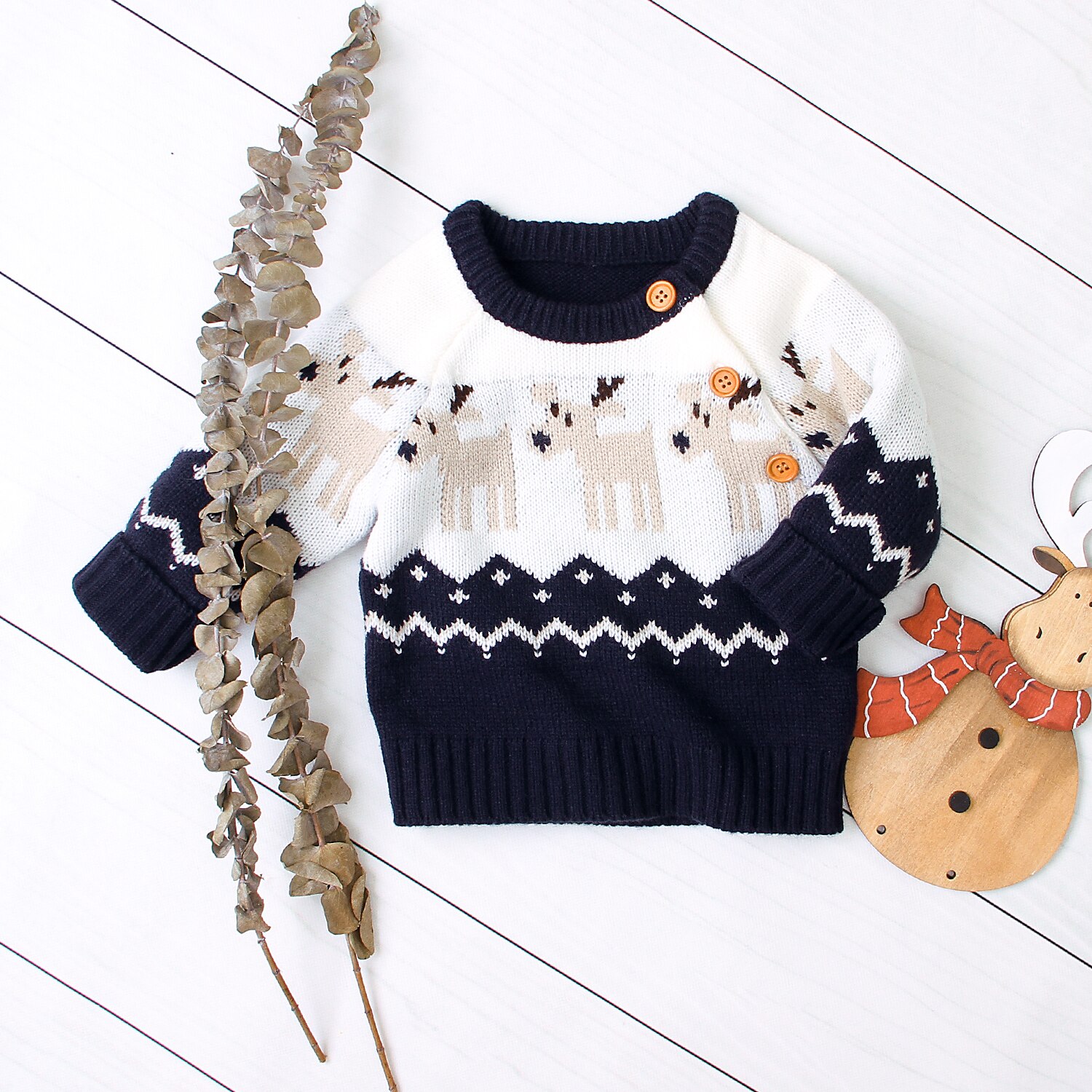 Baby piger drenge børn juletrøje rund hals langærmet løs sweater med elgmønster til forår og vinter: Blå / 6-12m