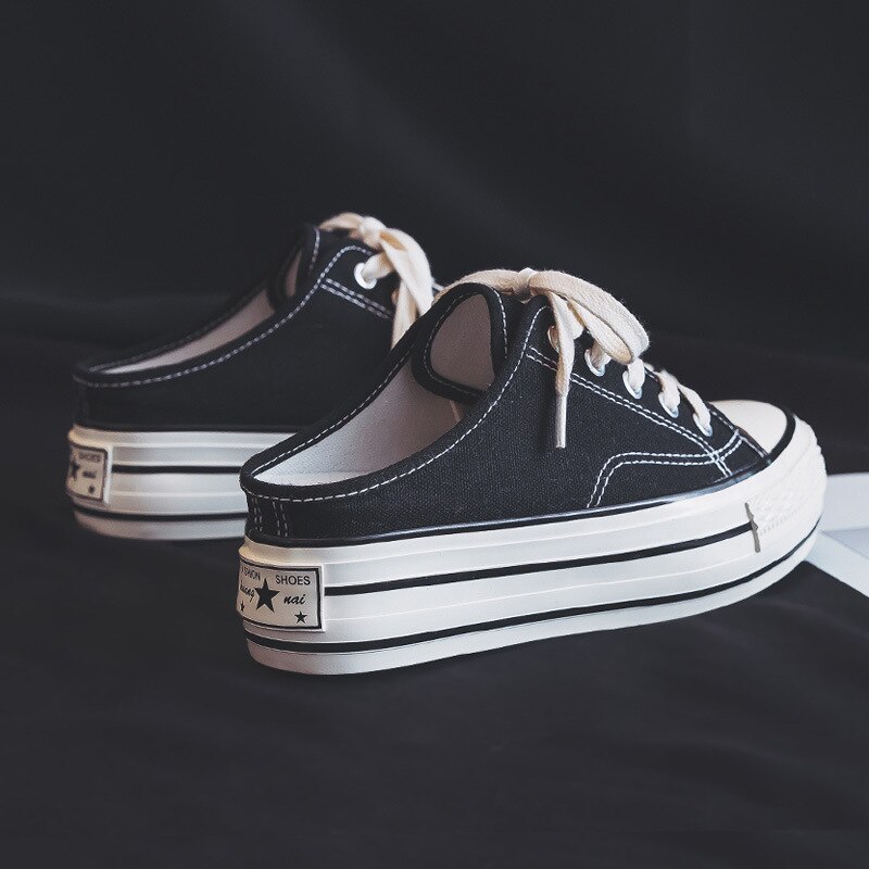 Summer heelless running shoes women's inner increase canvas shoes half drag thick bottom casual sports shoes for women ZP-201: Black / 7
