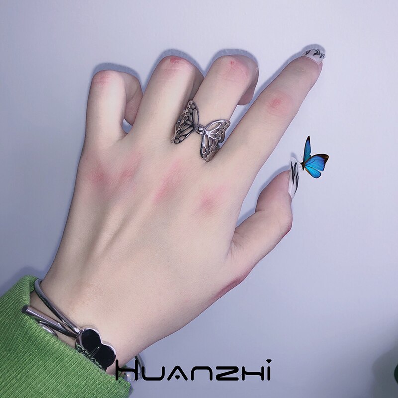 Huanzhi 2020 novo coreano punk na moda tibetano prata oco flor borboleta geométrica liga anéis para festa feminino jóias presente