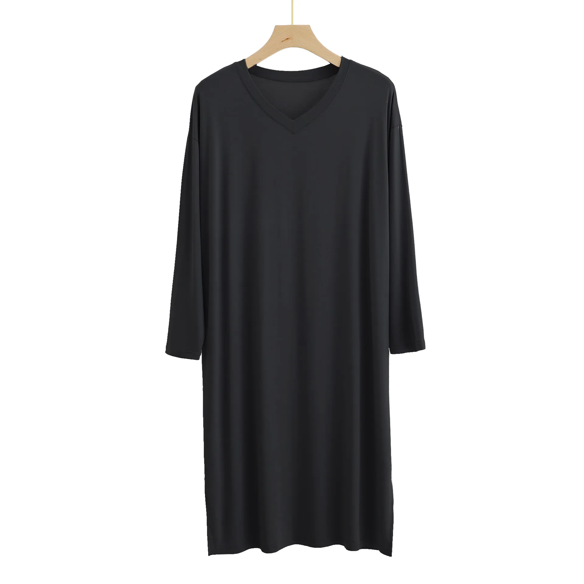 Men's Pajamas Robes Casual Mid-long Knee Length Modal Home Clothes Soft Smooth Stretch Bathrobes Male Sleepwear Dress: XL / black